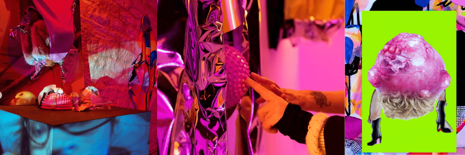 Hands touching metallic foil installation with pink lighting and collage