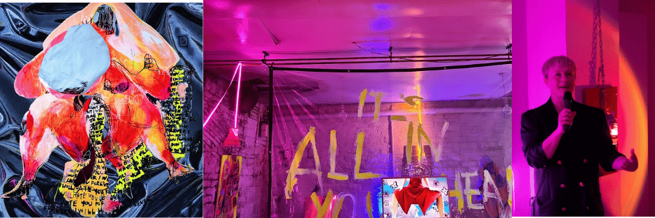 Mixed media sculpture and figures with bold pink and neon environments